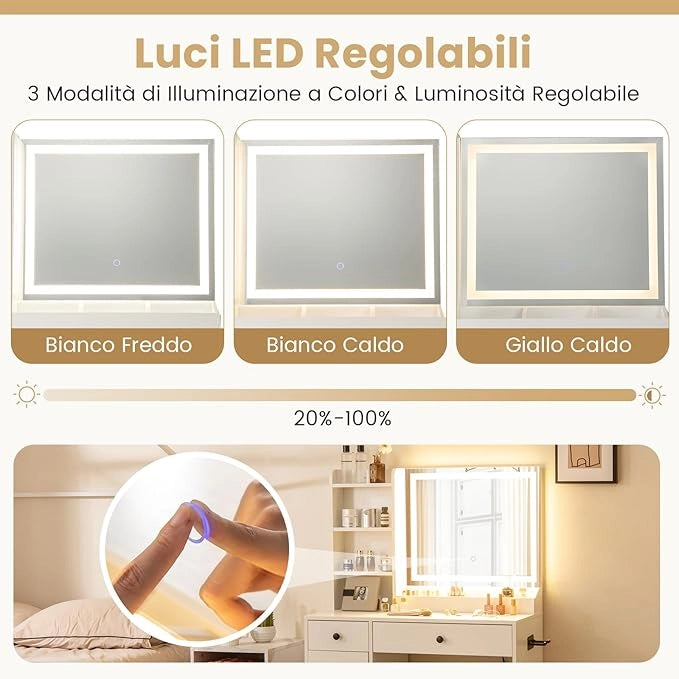 Tavolo da Toeletta con Luci, Set Tavolo e Sgabello con Stazione di Ricarica, Luci a 3 Colori, 2 Cassetti, 3 Ripiani, Sgabello con Contenitore, 90 x 40 x 135 cm, per Soggiorno Camera da Letto