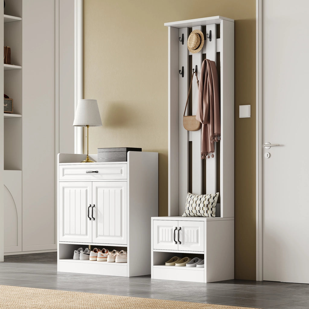Mobile ingresso con 4 Ante; 1 Cassetto e 8 Ganci; con Panca Scarpiera; Stile Moderno; in Pannelli; Bianco; 125??36??190 cm