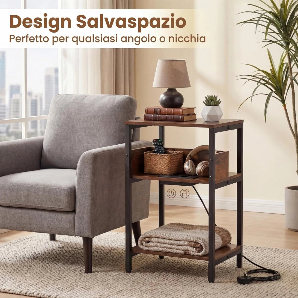 Tavolino Laterale a 3 Livelli con Stazione di Ricarica, Comodino con Presa Elettrica, Porte USB e Ripiani Aperti, Tavolino Stretto 40 x 30 x 61 cm, Tavolino da Salotto e Camera da Letto