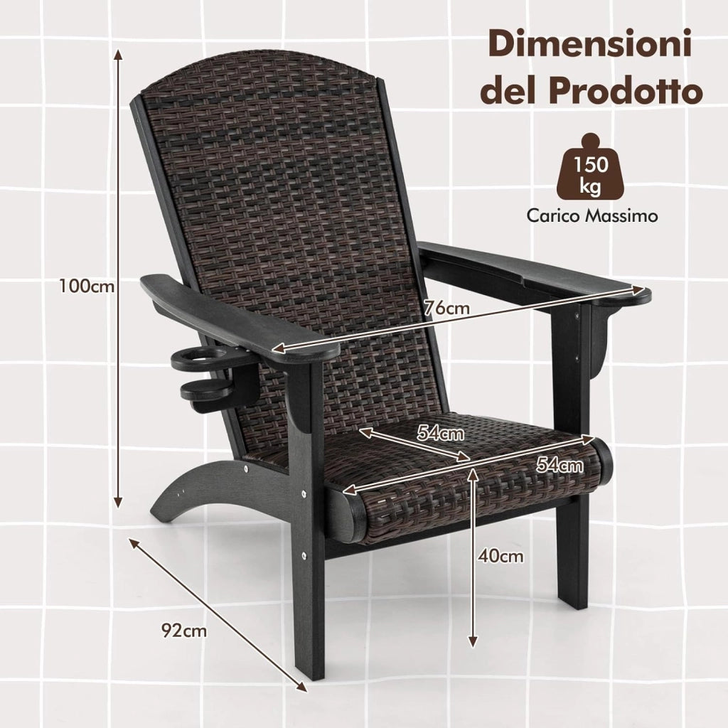Sedia Adirondack da Giardino, Sedia da Lounge HDPE con Sedile e Schienale Imbottiti in Rattan, Porta Tazza Nascosto, Poltrona per Esterno Giardino Prato, Portata 150 kg (Nero)