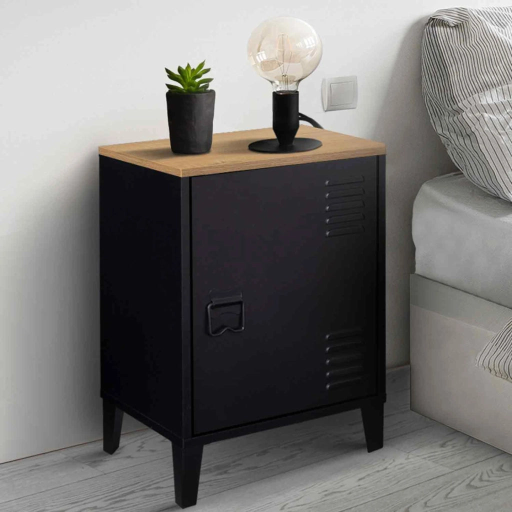 IDMarket - Comodino ESTER a 1 anta in metallo nero con piano in faggio in stile industriale