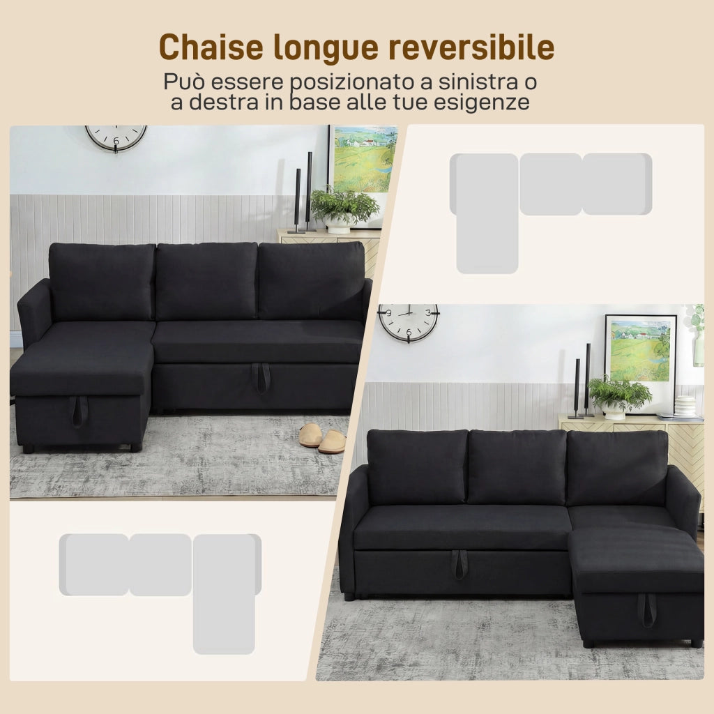Divano Letto con Chaise Longue 192x148x86 cm con Vano Portaoggetti a Scomparsa Effetto Lino Grigio Antracite