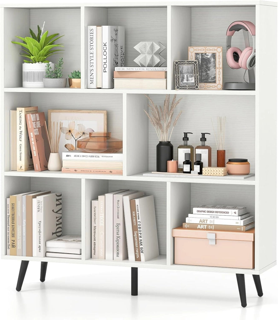 Libreria a 8 Cubi, Organizzatore di Stoccaggio Moderno con 5 Gambe di Metallo, Scaffale per Esposizione con 2 Kit Anti-Ribaltamento per Soggiorno Studio Camera da Letto, Bianco (100x24x107cm)