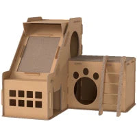 Tiragraffi in Cartone per Gatti a Forma di Castello 2 in 1, con 2 Aree di Graffiatura 67x66x57 cm Marrone