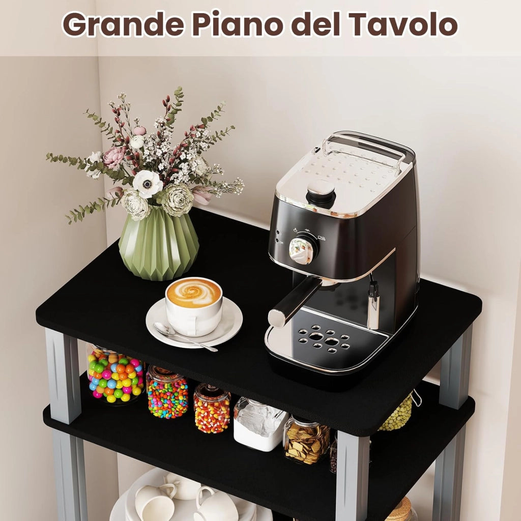 Scaffale da Cucina per Microonde Carrello, con Ruote e 2 Ante, Multifunzionale e Movimento Flessibile, 60x40x98 cm MDF, plastica (Nero)