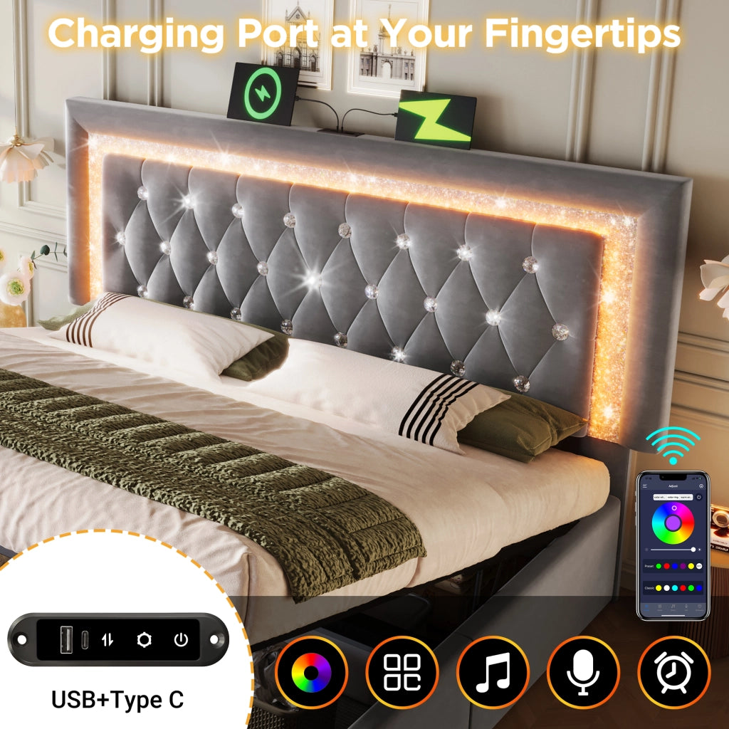 OKWISH Letto Contenitore 160×200 cm, Letto Matrimoniale con LED Regolabile, USB, Type-C e Testiera Imbottita, senza Materasso, in Velluto, Grigio