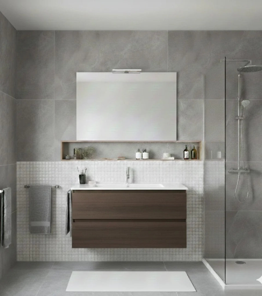 Mobile Bagno LOKI Già Montato 2 cassetti con piedini, lavabo e specchio Frassino tea 50x40 cm
