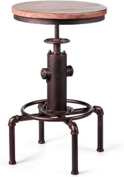 Sgabelli da Bar Industriale Girevole 360°, con Poggiapiedi, Sgabello Cucina Seduta Tonda Altezza Regolabile 60-75 cm, in Ferro e Pino (Marrone, 1)
