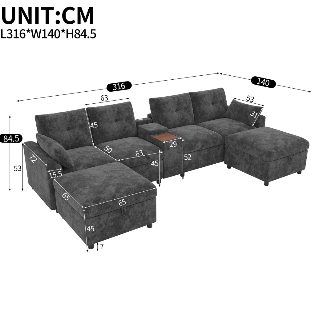 Divano angolare modulare 6 posti in chenille grigio con console centrale; USB e Type-C