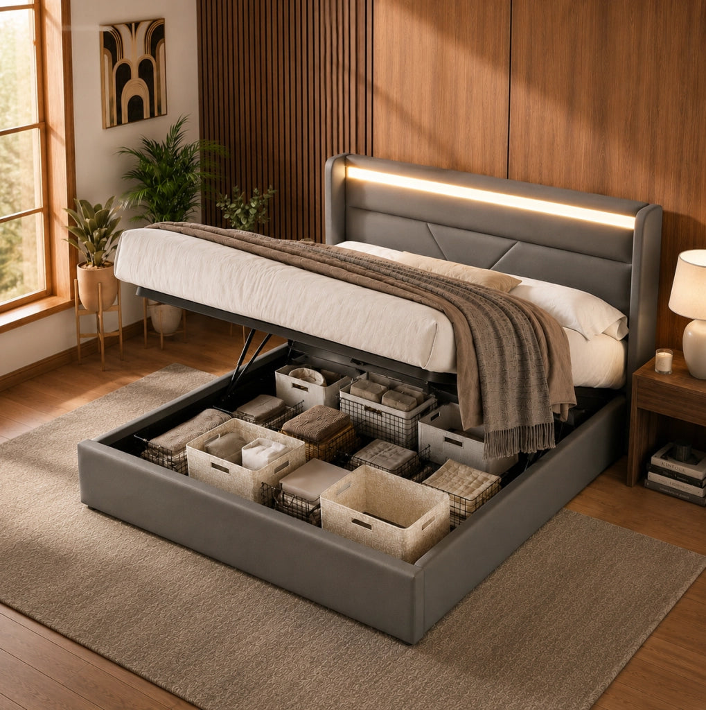 Letto matrimoniale imbottito 160x200 cm in PU grigio con LED e contenitore idraulico