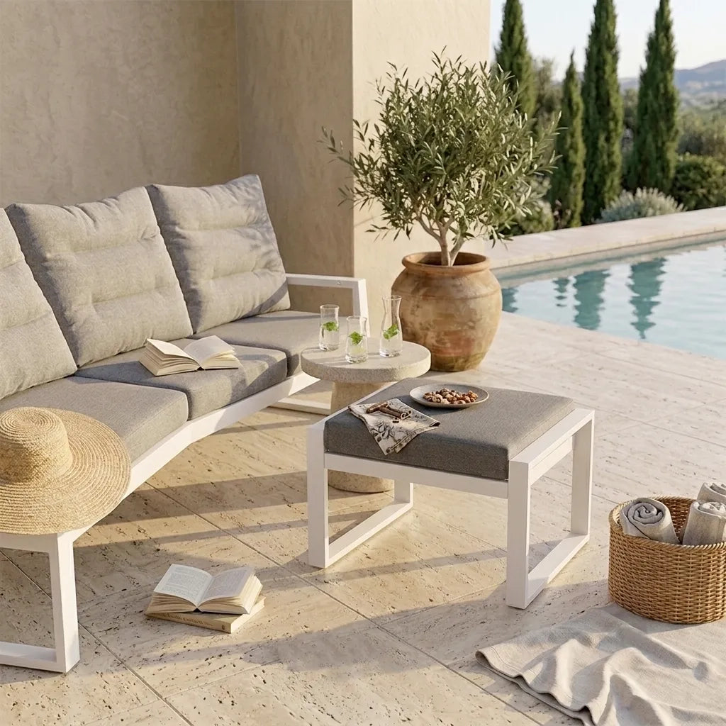 Tempo Style - Pouf MIKONOS in alluminio bianco/grigio | Resistente alle intemperie | Con morbido cuscino sfoderabile | Per ambienti esterni come giardino, balcone, terrazza