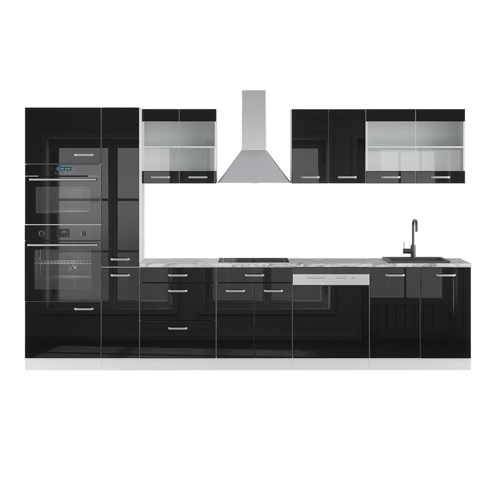 Vicco Cucina componibile Rovere nero lucido/bianco 350 cm con armadio alto, PL Marmo
