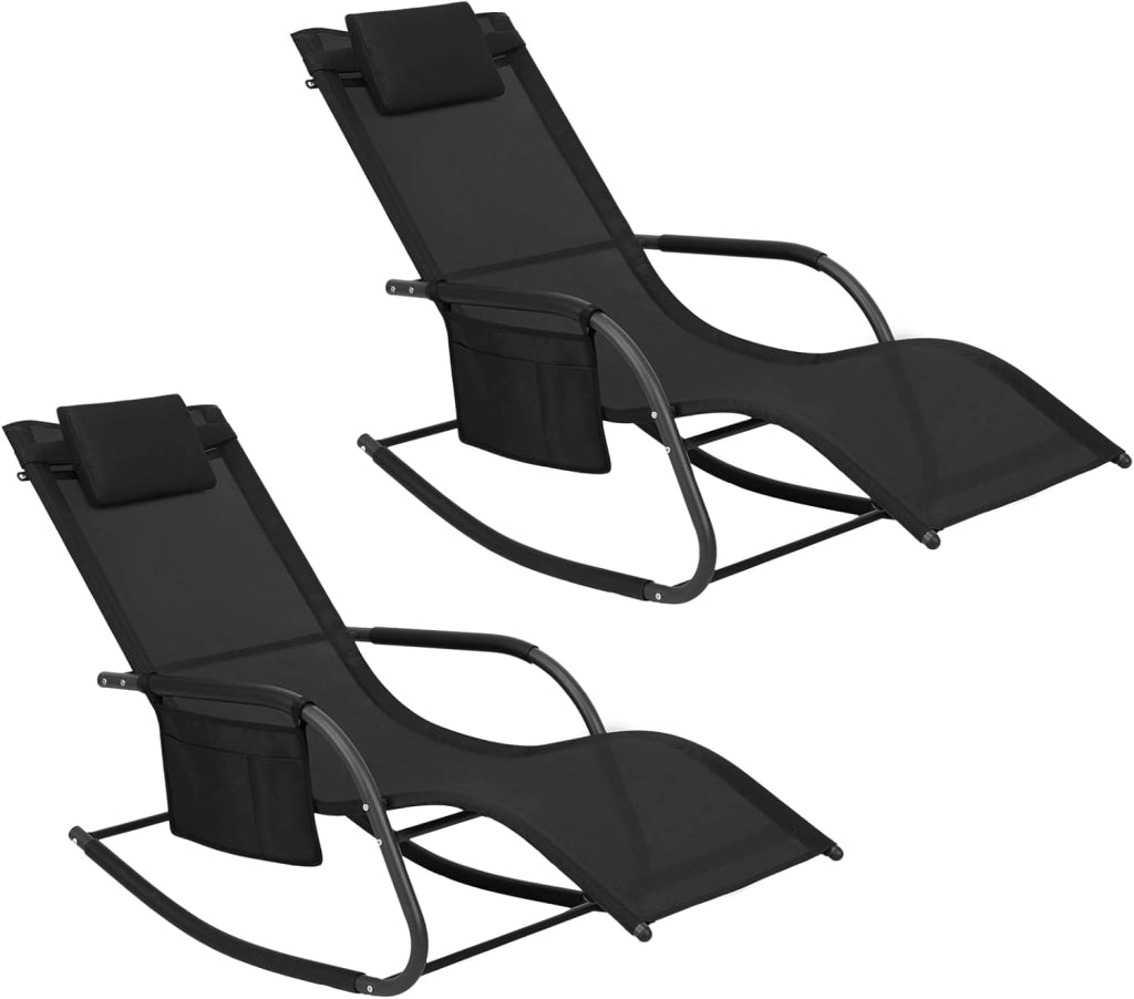 Sdraio da Giardino, Set di 2, Sedia a Dondolo da Esterno, Lettino Prendisole con Poggiatesta e Tasca, Nero, LS005sz-2