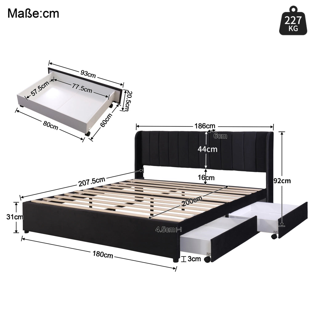 Letto imbottito 180x200 cm in velluto nero con rete a doghe e 2 cassetti