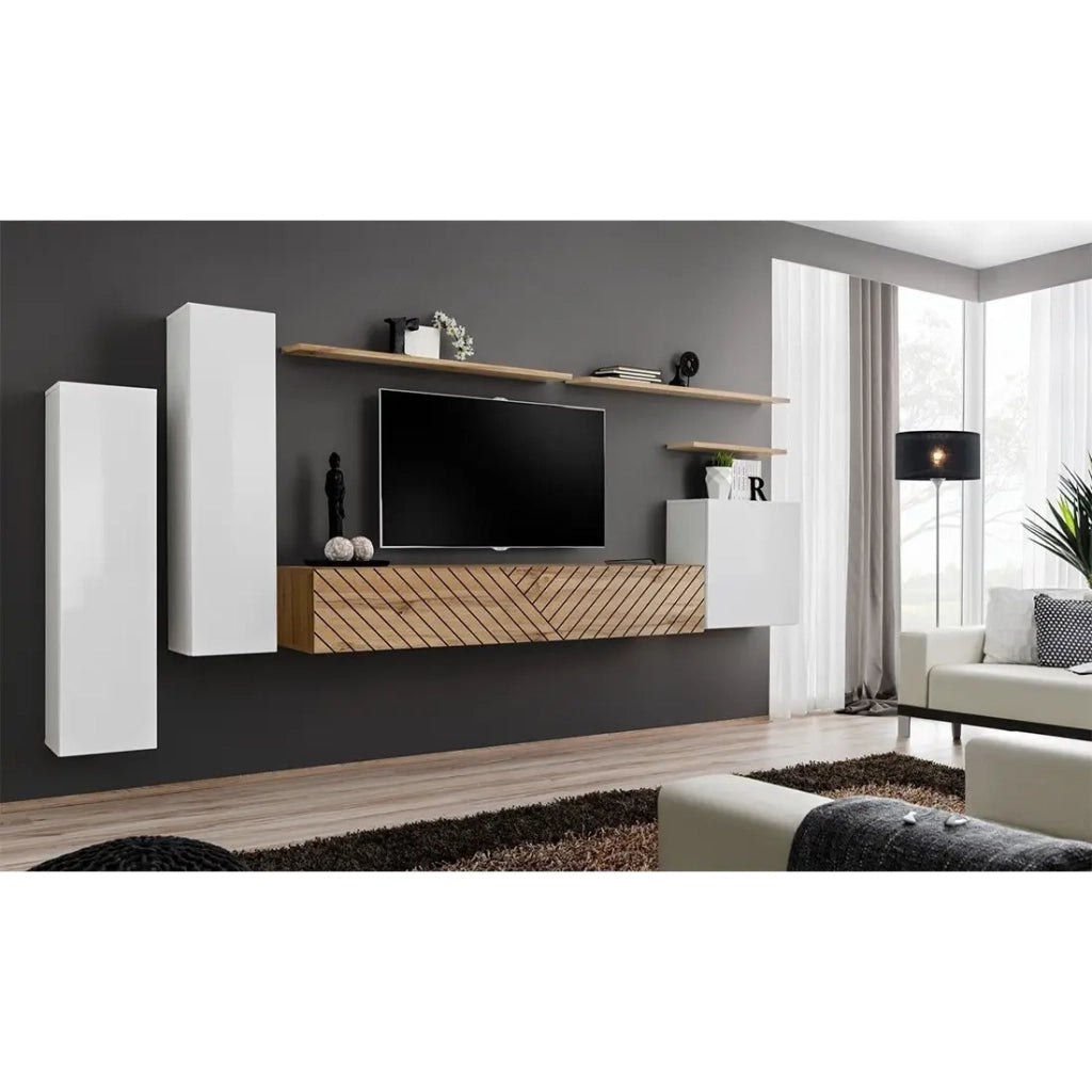 Insieme mobile soggiorno SWITCH I – Bianco e Rovere Wotan – Finiture effetto rovere fresato – Design moderno