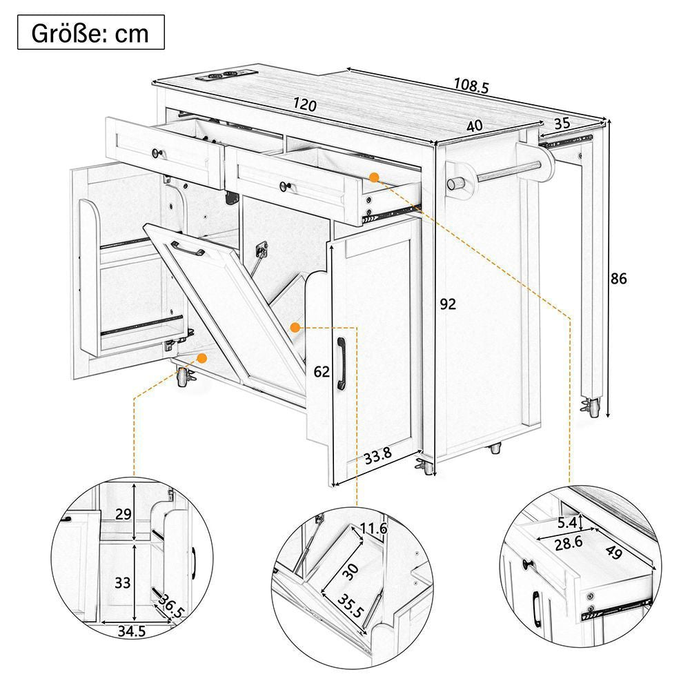 Isola cucina mobile con tavolo estendibile - Xylo - Grigio - Compartimento rifiuti e multipresa