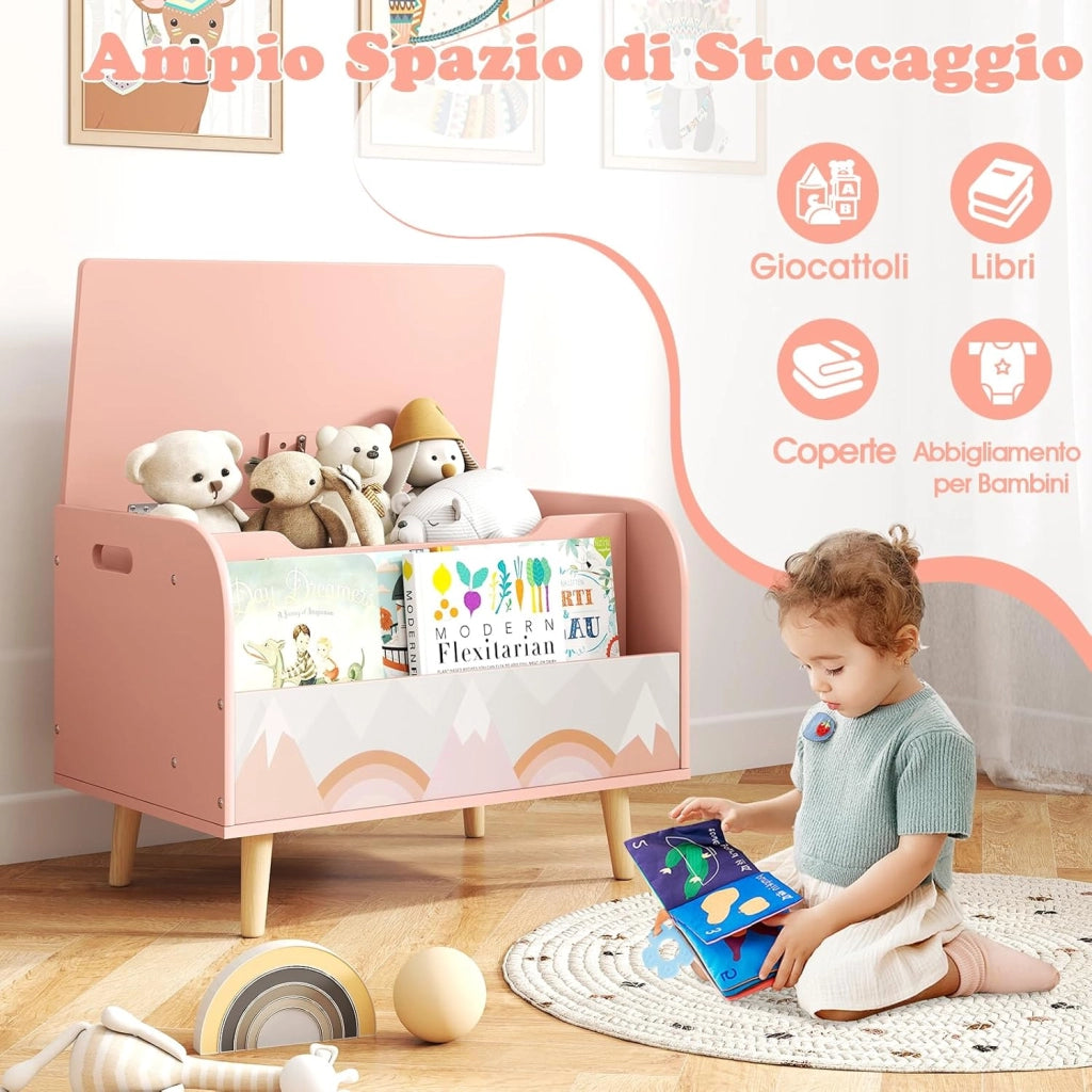 Cassapanca Portaoggetti per Bambini, con Libreria, Organizer per Giocattoli con 4 Gambe in Legno Massello e Coperchio Ribaltabile, per Sala Giochi e Asilo, 60x40x43 cm (Rosa)