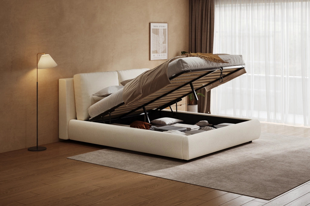 Letto imbottito con contenitore, testiera ergonomica e rete a doghe, rivestimento Bouclé beige