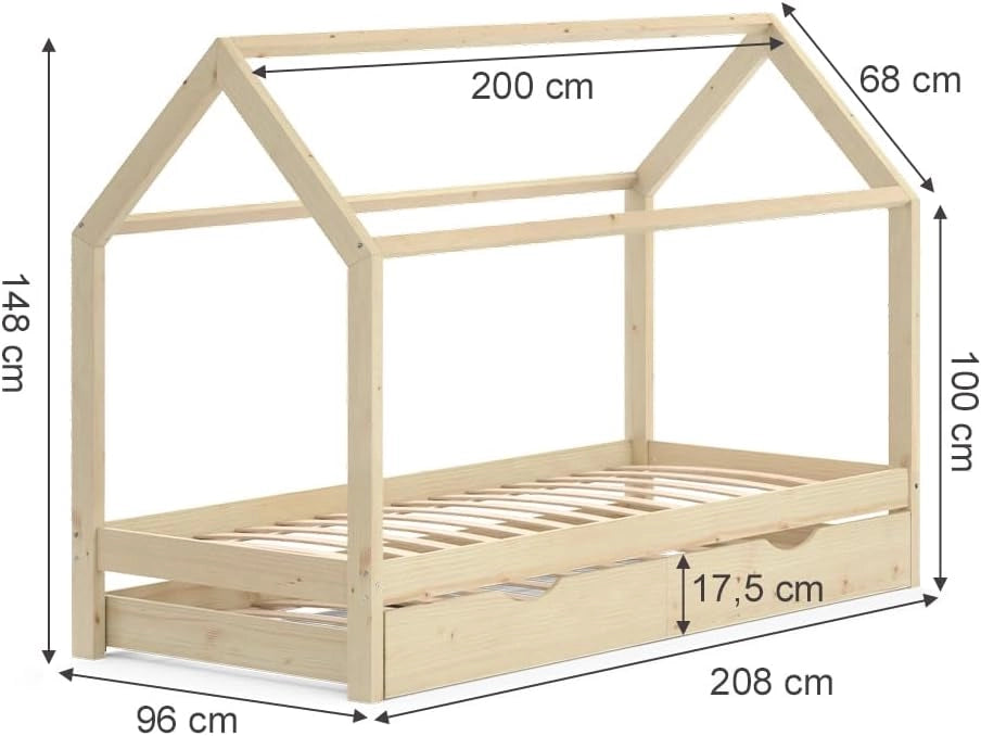 Letto da casa Wiki, Legno naturale, 90x200 cm con letto per ospiti, in legno massello con protezione anticaduta e rete a doghe