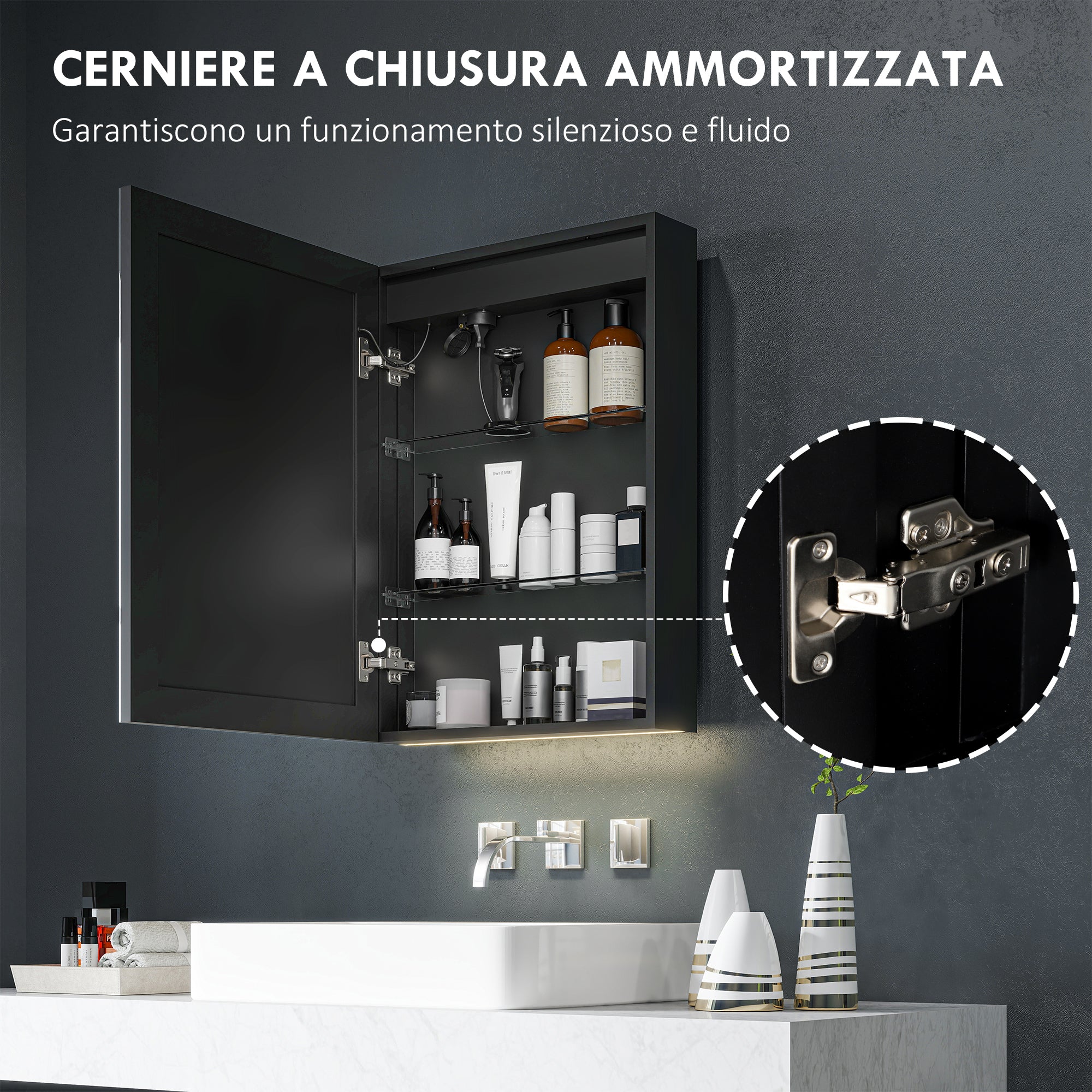 Armadietto da Bagno con Specchio Luci LED Regolabili e Funzione Anti-Appannamento in Alluminio Nero
