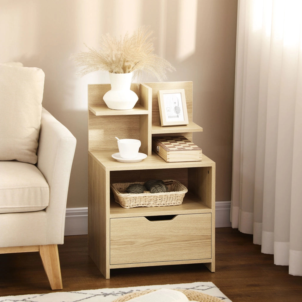 Comodino con cassetto, nicchia e ripiani effetto legno ¨C zephmum ¨C naturale 45x35x73 cm