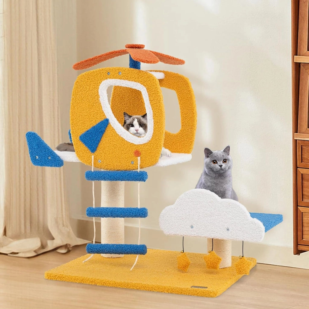 Tiragraffi per Gatti a Tema Aviatorio, Albero per Gatti con Posatoio a Forma di Elicottero, Palo, Piattaforma, Scala e 3 Giocattoli Sospesi, Torre per Animali Domestici Interno