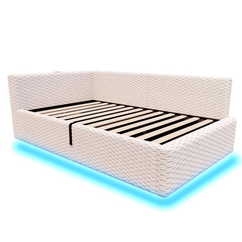 Letto imbottito singolo 90×200 cm con contenitore; LED; USB e Type-C; senza materasso; velluto; beige