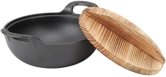 Wok in ghisa, Cucina autentica asiatica, Alternativa allo staccio, Compreso coperchio per la cottura a fuoco lento e altro (20cm)