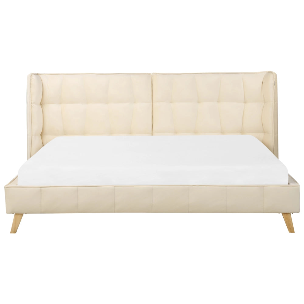 Letto Tappezzeria trapuntata in velluto beige Gambe in legno chiaro 180 x 200 cm a doghe con testiera regolabile Wingback