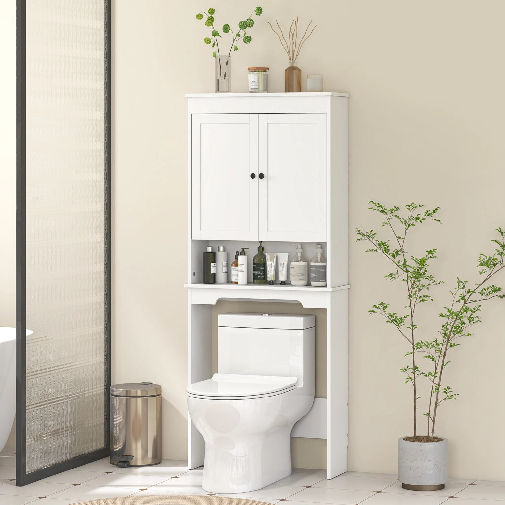 Mobile sopra WC con 3 Mensole Chiuse e Ripiano Aperto, in Legno, 65x22x161 cm, Bianco