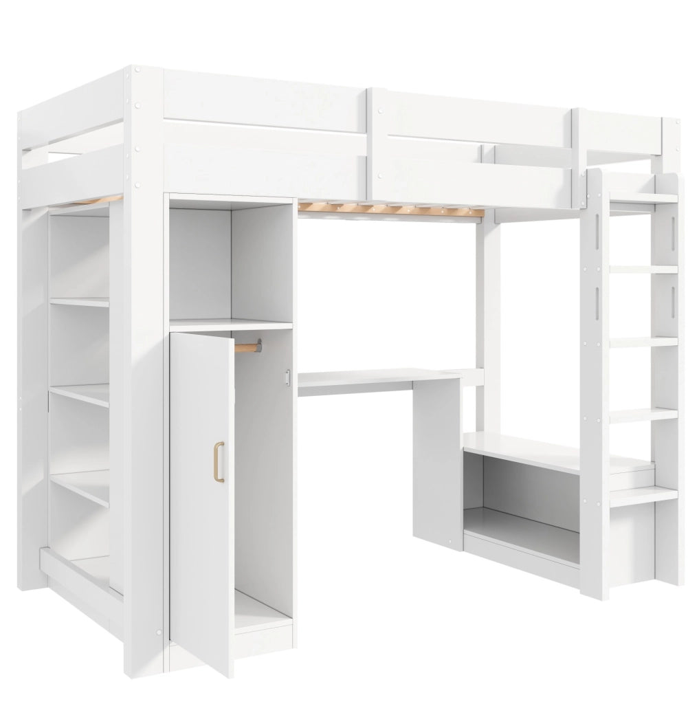 Letto a soppalco 90x200 con scrivania; armadio e LED; legno massello e MDF; bianco