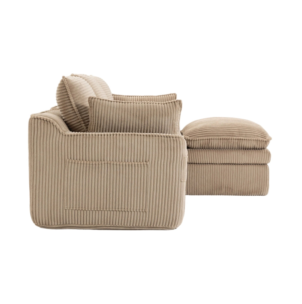 Divano modulare in velluto a coste con pouf; khaki; 263 x 167 x 85 cm