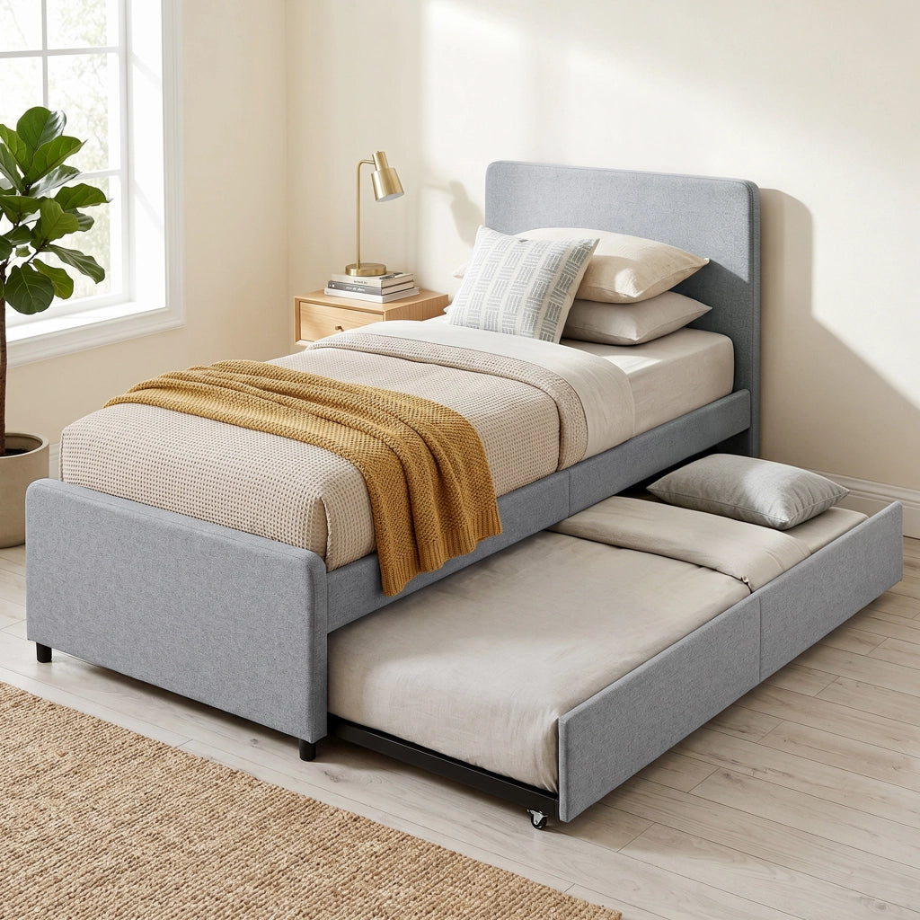 Letto estraibile con rete a doghe 90x190 cm ¨C Xylo ¨C Testiera imbottita grigio chiaro