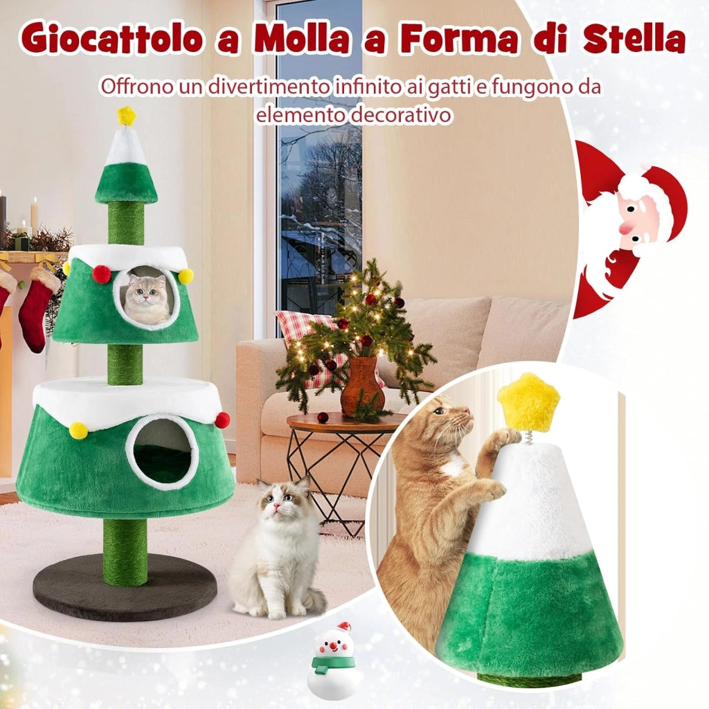 Albero di Natale per Gatti da Interno, Tiragraffi per Gatti Alta 153 cm con 2 Condomini, Giocattolo a Molla e Letti Rimovibili, Mobile per Animali per Decorazioni Natalizi (70 x 70 x 153 cm)
