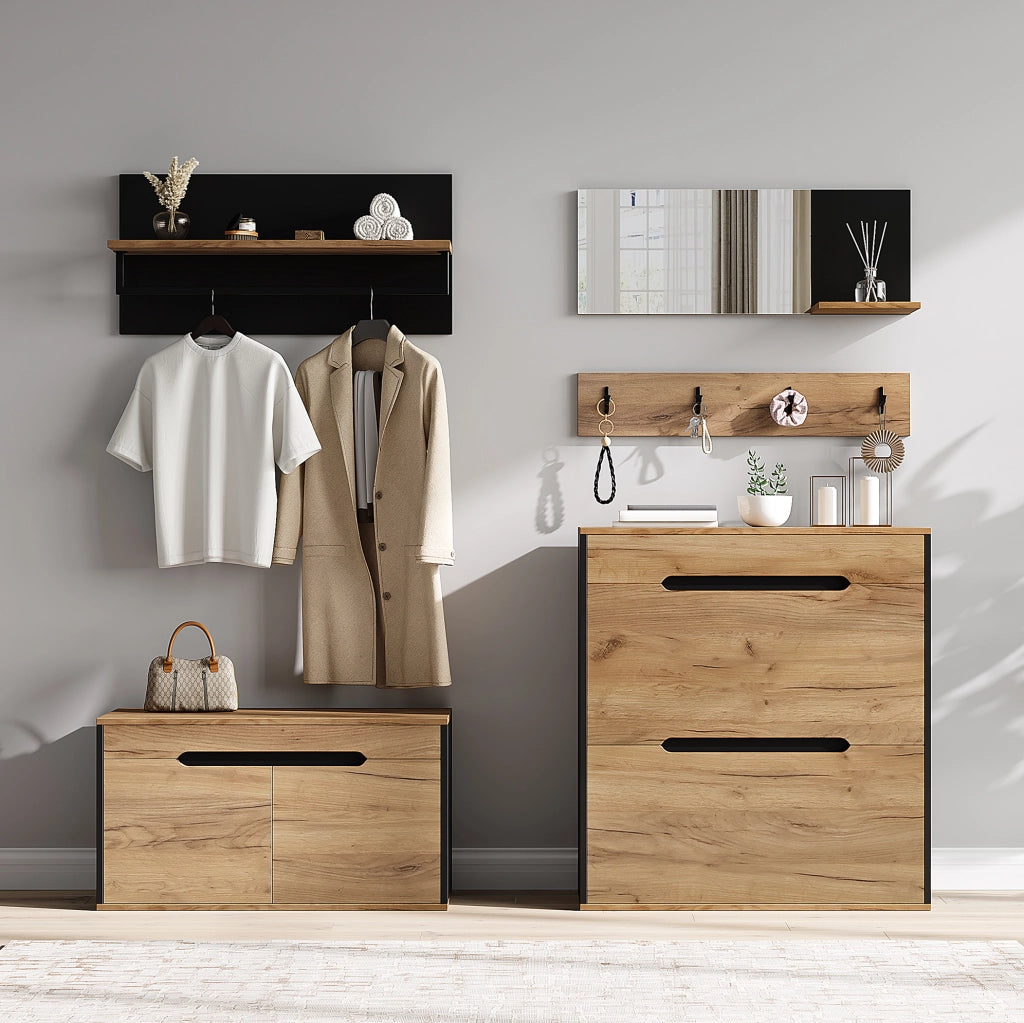 Set ingresso modulare 156x36x176 cm con specchio; scarpiera ribaltabile; 4 ganci; naturale e nero