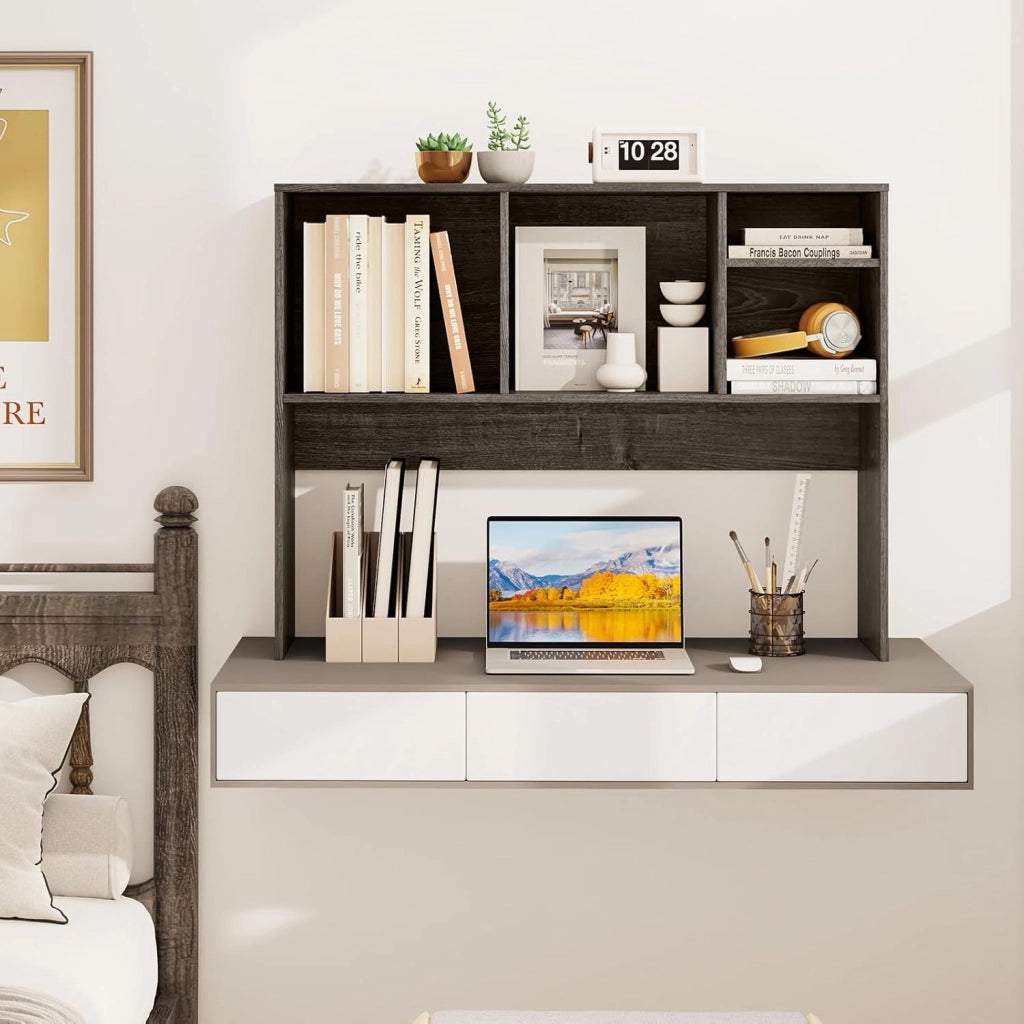 Scaffale da scrivania con 4 scomparti aperti, scaffale da tavolo con dispositivo di protezione ribaltabile e cuscinetti antiscivolo, in legno, 94 x 25 x 73 cm (grigio)