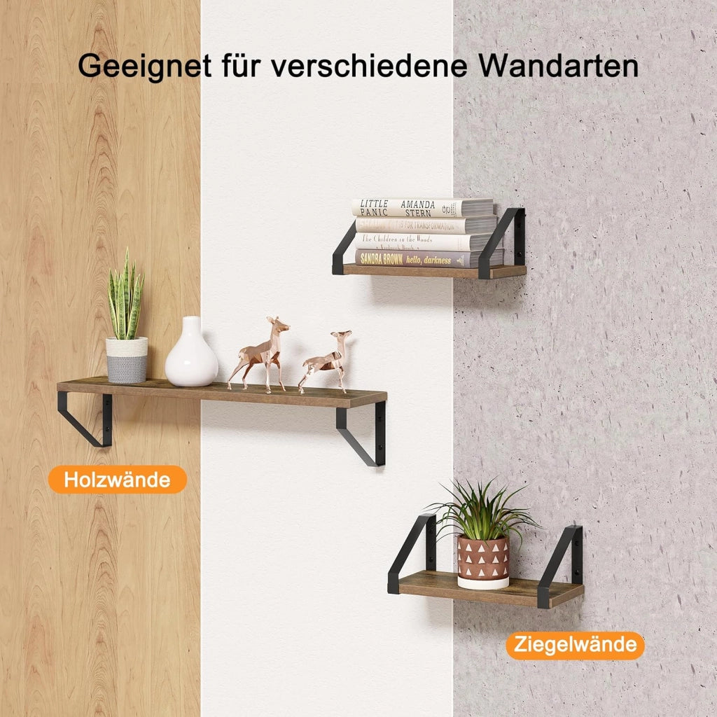 Set di 3 Mensole a Muro, Pensili da Cucina, Mensole per Bagno, Soggiorno, Camera da Letto, in Legno e Metallo, Effeto Legno Vintage e Nero, 60x15x11cm e 30x15x11cm