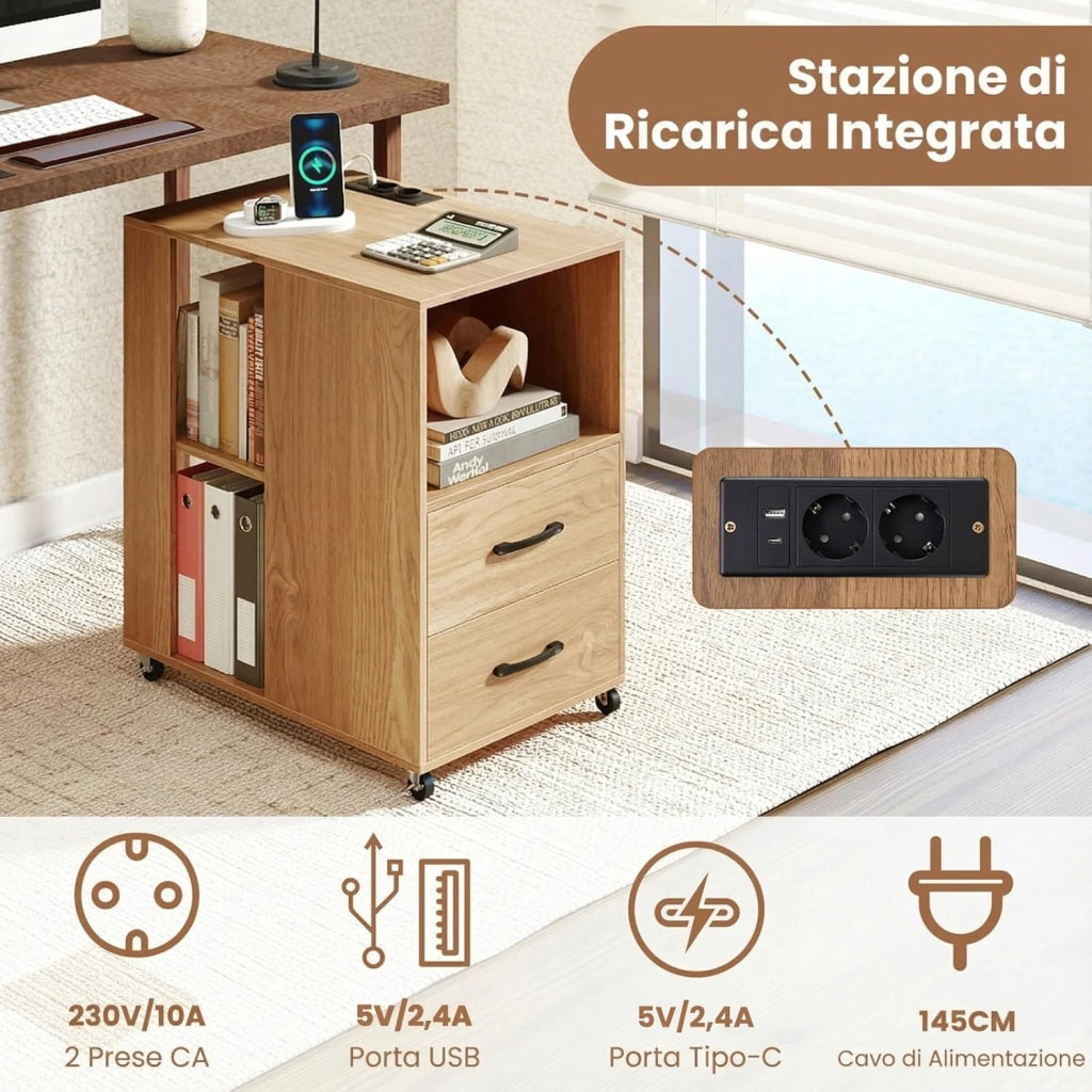 Tavolino Basso Laterale, Tavolino da Divano con Stazione di Ricarica, 2 Cassetti e Ripiani, Tavolo Versaliti per Camera da Letto, Soggiorno e Ufficio, 60 x 40 x 65,5 cm (Naturale)