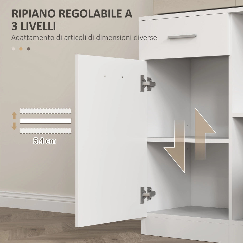 Mobile Dispensa in Legno con Cassetto, 4 Armadietti e 3 Ripiani Aperti, 80x35x180 cm, Bianco