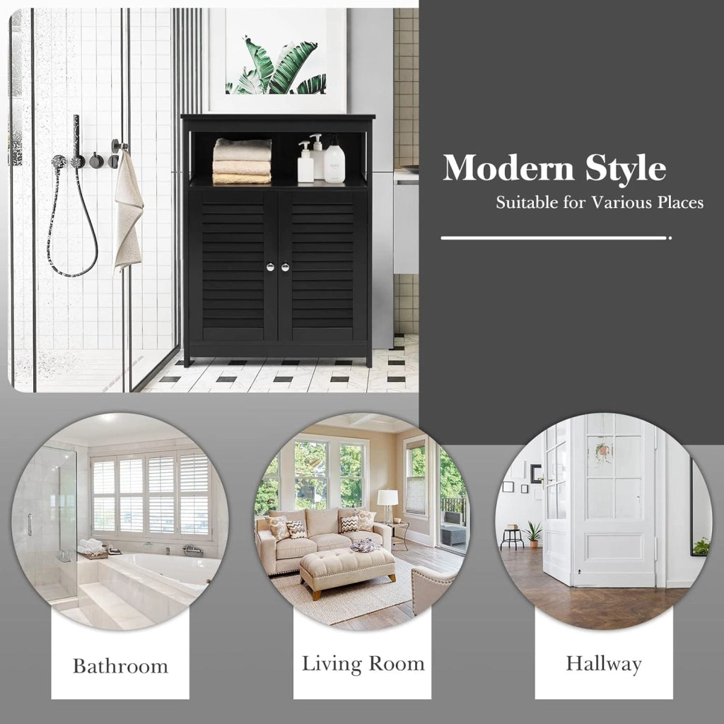 Armadietto da bagno, in legno, con ripiano regolabile in altezza, credenza con 2 ante persiane, mobile per bagno, cucina (nero)