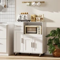 Mobiletto Microonde in Legno con Cassetto, 2 Armadietti, Ripiano Aperto e Piano Regolabile, 80x40x88.7 cm, Bianco