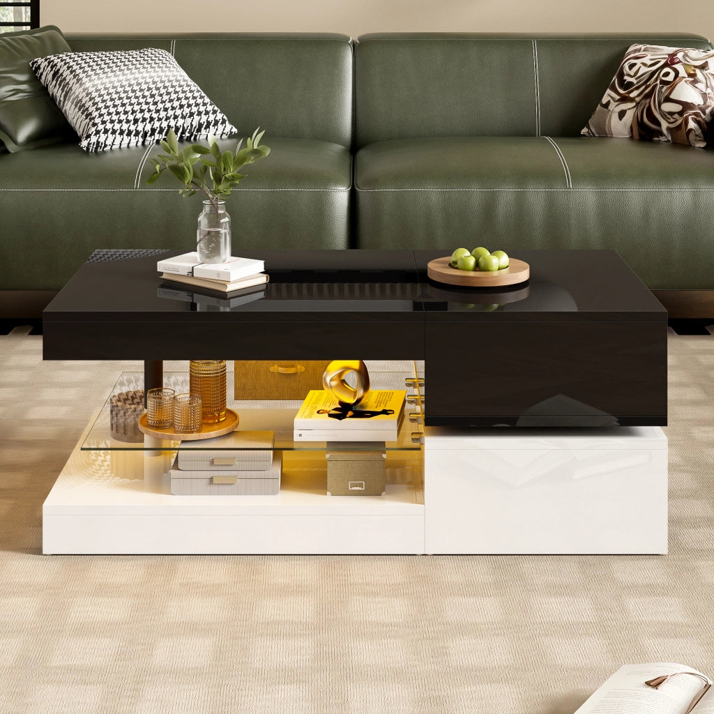 Tavolino da Salotto con LED e Controllo APP Bluetooth; Ripiano in Vetro; Finitura Lucida; Nero Bianco; 90×45×35;5 cm