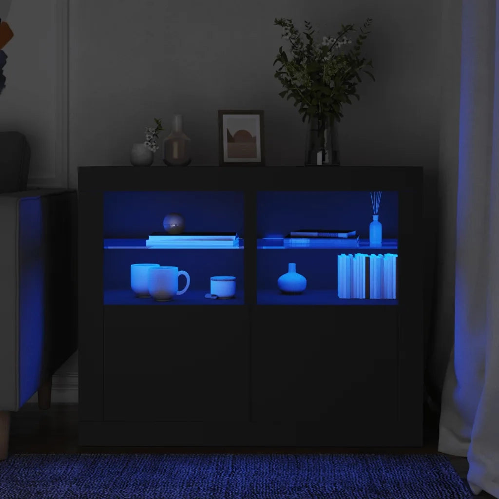 Armadietti con Luci LED 2pz Neri in Legno Multistrato 836633