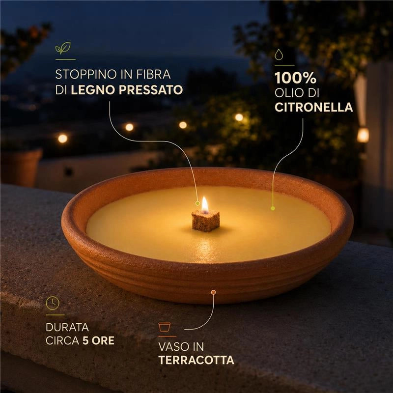 SET 12 CANDELE ALLA CITRONELLA IN CIOTOLA DI TERRACOTTA Ø14 CM – CANDELE DA ESTERNO