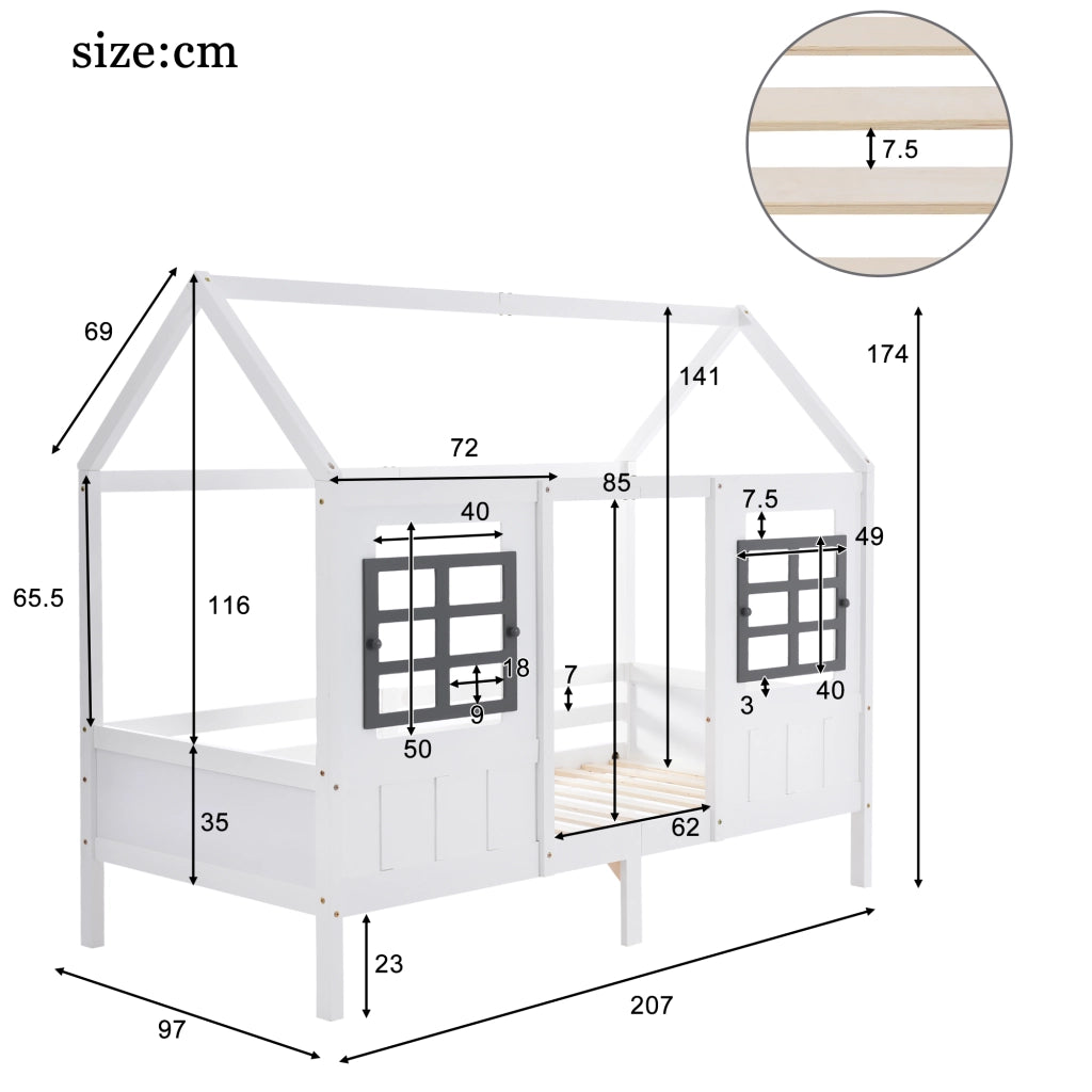 OKWISH Letto a casetta 200×90 cm, Letto Singolo con 2 Cassetti, 2 Finestre e Sponde di Sicurezza, senza Materasso, in Legno, Bianco
