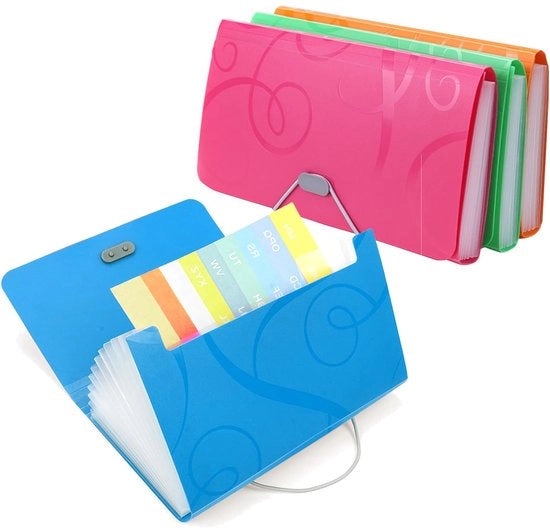 Set di 4 mappe A6 pieghevoli, piccole, portatili, 13 contenitori, organizzatore documenti, mappe accordio, tasca documenti, portafoglio, mappe pieghevoli, verde, blu, rosa, arancione