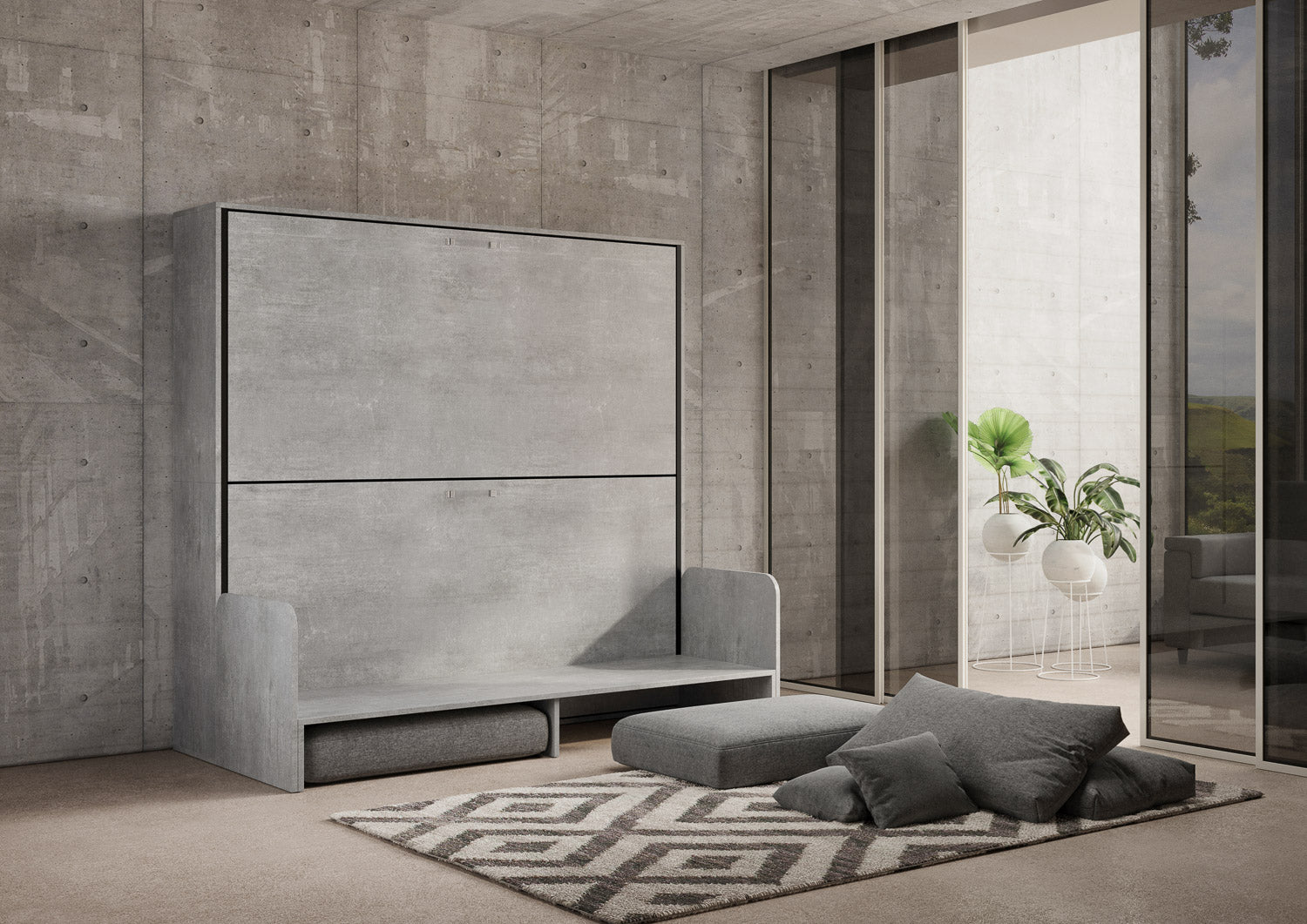 Letto Doppio A Scomparsa Kando Con Divano Con Materassi Cemento e Grigio