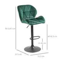 Set 2 Sgabelli da Bar, Altezza Regolabile con Base in Metallo e Seduta in Velluto, Sgabelli Moderni con Schienale e Poggiapiedi, 46x48x83-104cm, Verde