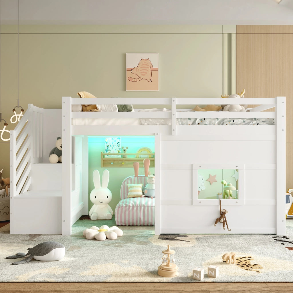 Letto a castello bianco con funzione contenitore scala e finestra in mdf pino compensato 90x200 cm