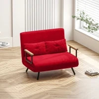 Divano Letto in Tessuto Effetto Velluto con Schienale Regolabile e 2 Cuscini, 102x73x81 cm, Rosso